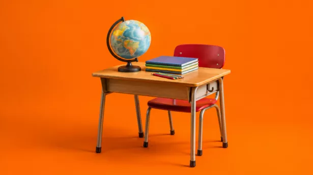 Schooltafel met wereldbol, boeken en potloden in het onderwijs.