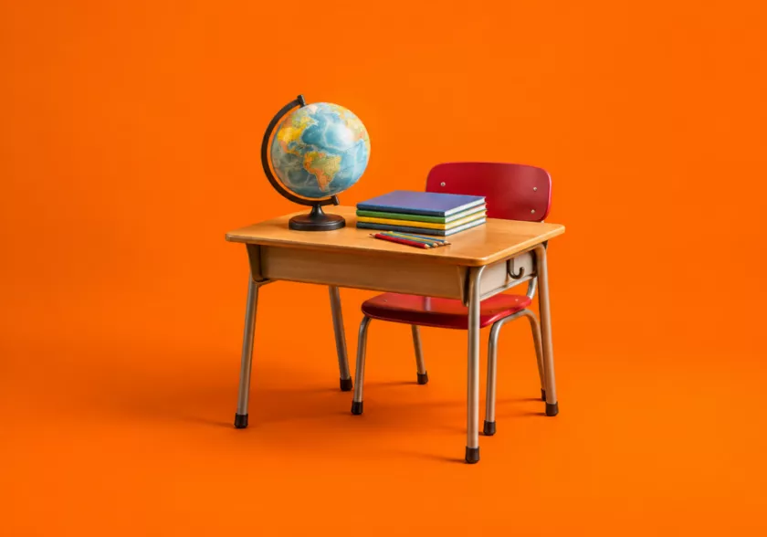 Schooltafel met wereldbol, boeken en potloden in het onderwijs.
