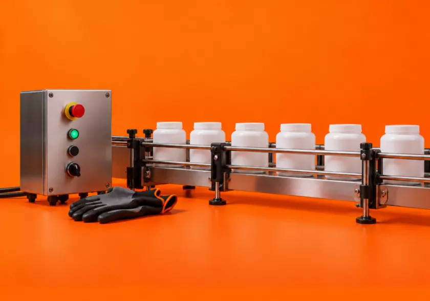 Productielijn met witte potten, bedieningspaneel en veiligheidshandschoenen in de maakindustrie.