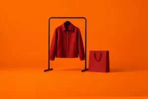 Rode jas aan een kledingrek met een shoppingtas in de retail.