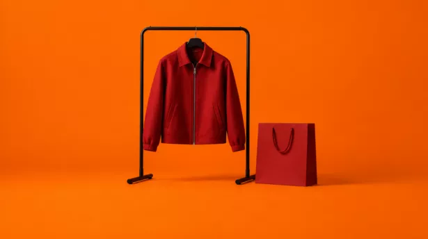 Rode jas aan een kledingrek met een shoppingtas in de retail.