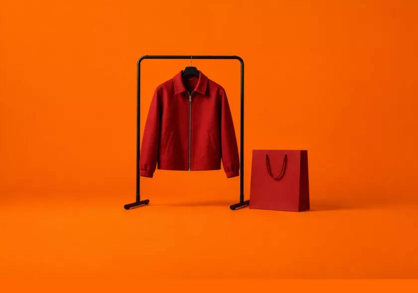 Rode jas aan een kledingrek met een shoppingtas in de retail.