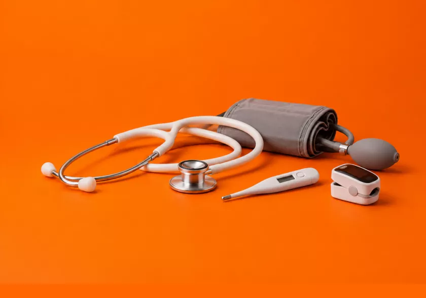 Stethoscoop, bloeddrukmeter en andere medische hulpmiddelen in de zorg.