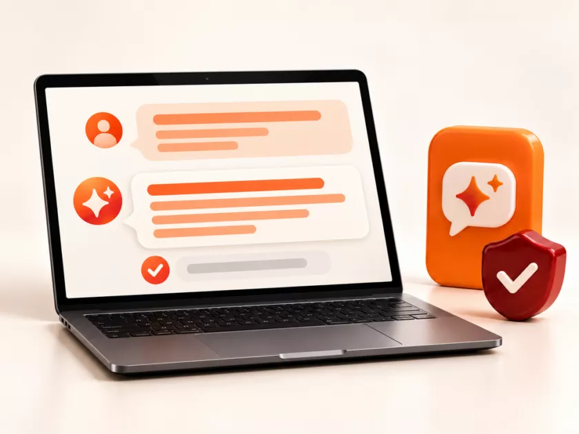 Laptop met AI-training inclusief AI-chatscherm, promptkaart en veiligheidsschild.