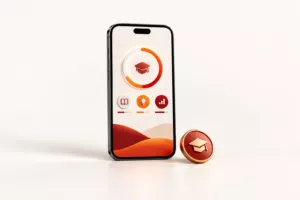 Smartphone met leerplatform BeWizr, voortgangscirkel en leersymbolen.