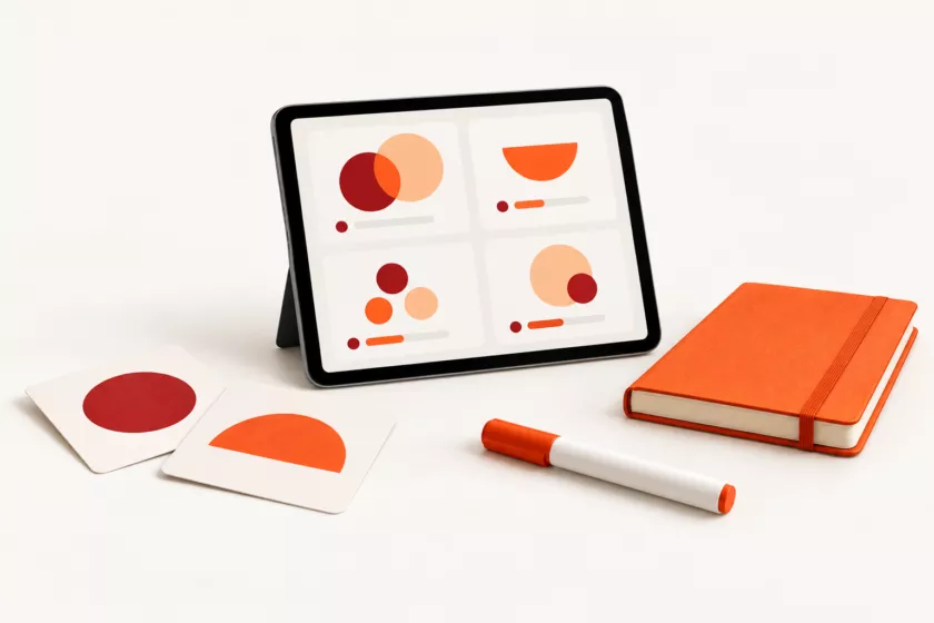 Tablet met digitale modules, aangevuld met notitieboek en oefenkaarten voor blended learning.