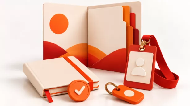 Een opengeklapte map met een lanyard en een notebook