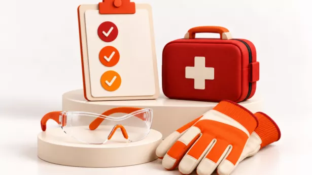 Een checklist met een veiligheidsbril, handschoenen en een EHBO koffer