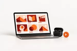 Laptop met digitale e-learning leermodules, video en audio.