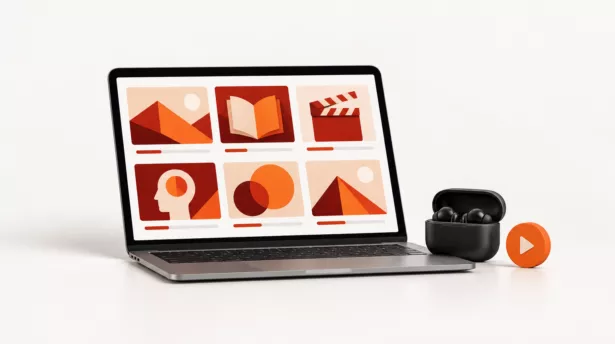 Laptop met digitale e-learning leermodules, video en audio.