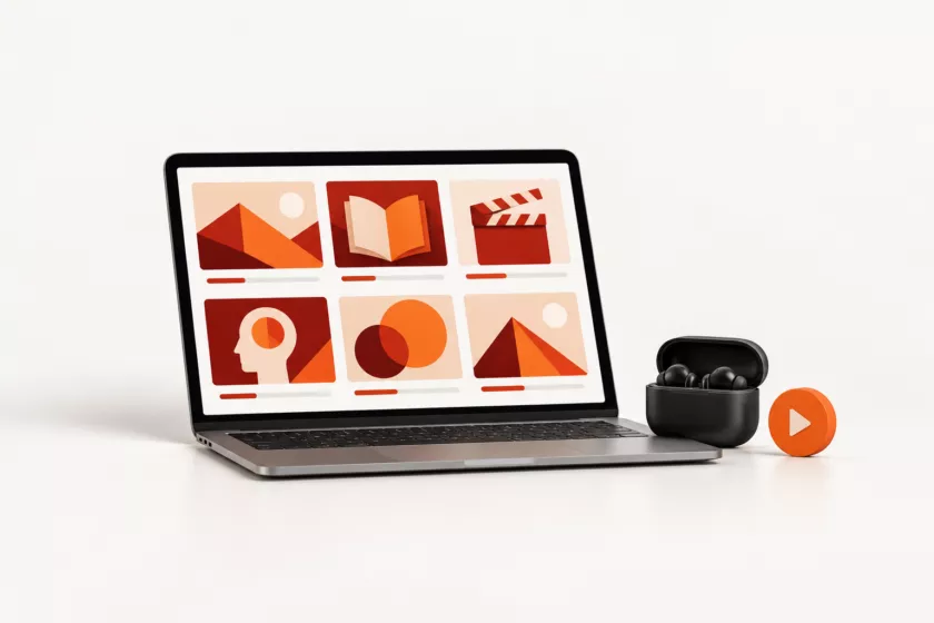 Laptop met digitale e-learning leermodules, video en audio.