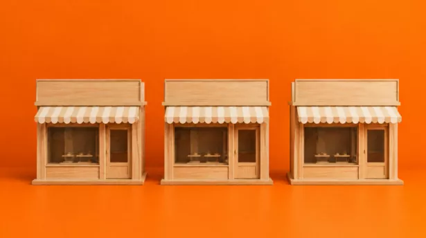 Drie houten winkelpuien als symbool voor de franchise.
