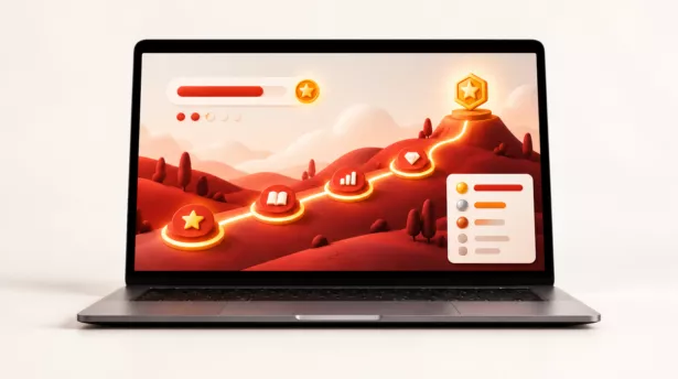 Laptop met gamification onderdelen: een speels leerpad, badges en voortgangsindicatoren.