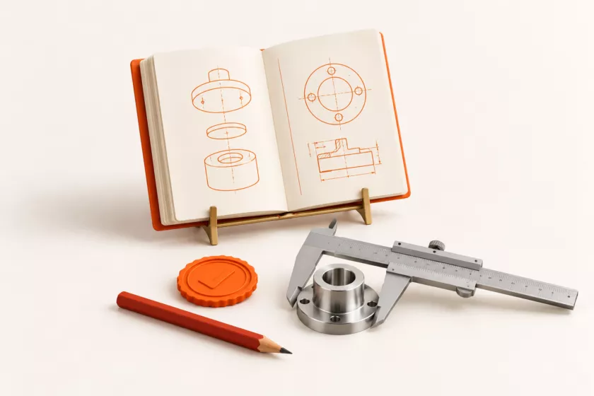 Technische tekening, meetgereedschap en metalen onderdeel ter illustratie voor vakkennis borgen.