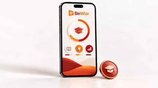 Leerplatform BeWizr op een mobiele telefoon van Human Talent Group.