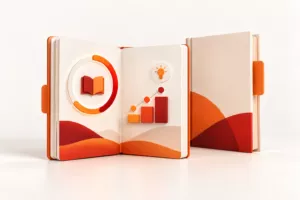Open boek met voortgangscirkel en groeiende grafiek die een leerstrategie laten zien.