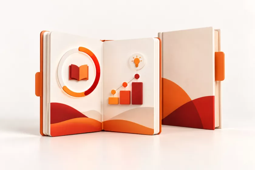 Open boek met voortgangscirkel en groeiende grafiek die een leerstrategie laten zien.