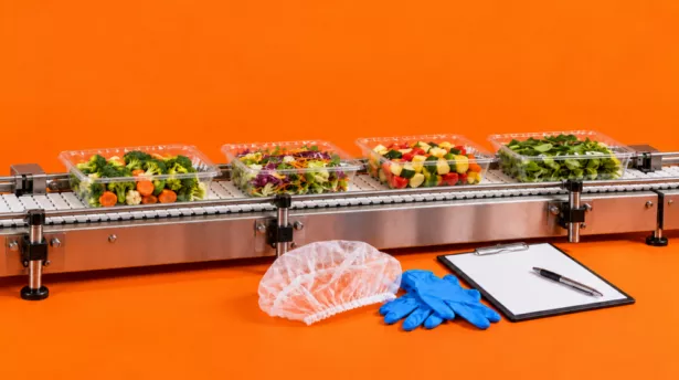 Verpakte groenten op een productielijn met hygiëne- en kwaliteitsmaterialen in de voedingsindustrie.