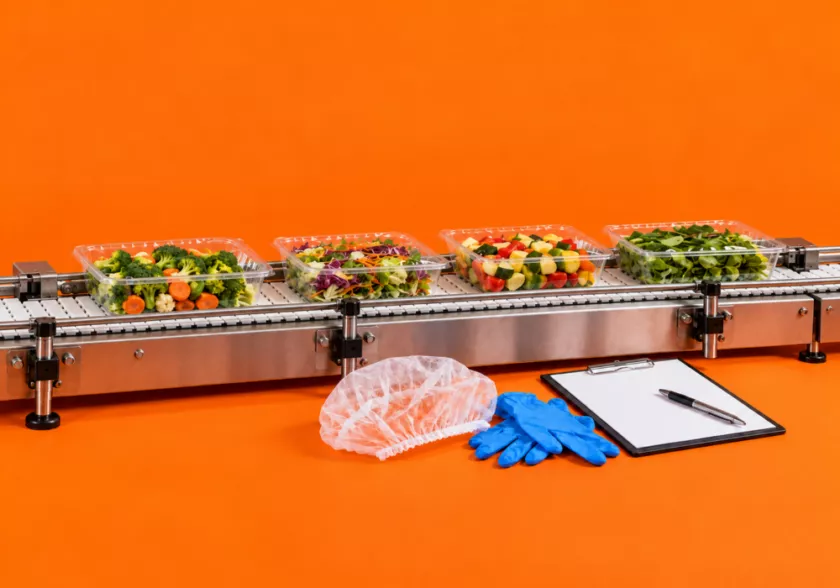 Verpakte groenten op een productielijn met hygiëne- en kwaliteitsmaterialen in de voedingsindustrie.